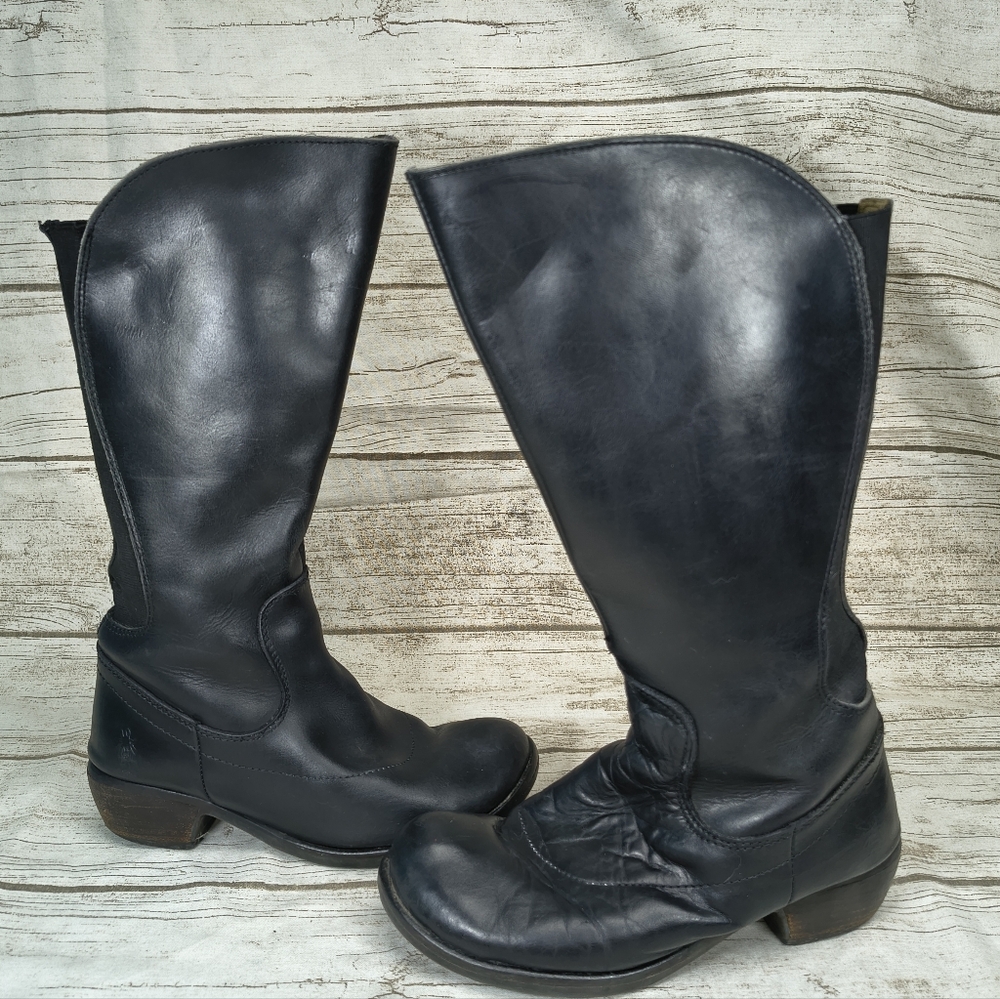 Fly London Black Leather Equestrian Riding Boots Women Size 38